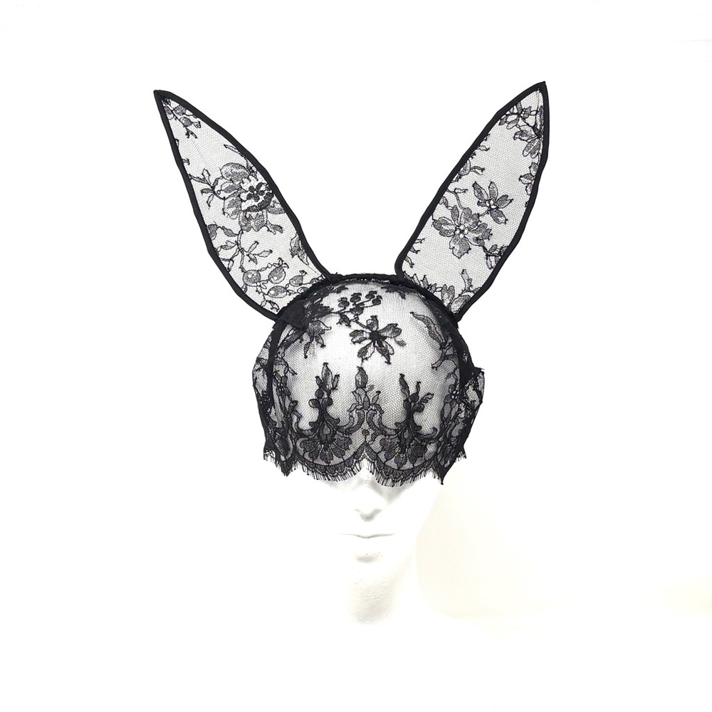 Fleur du Mal Black Lace Bunny Ear Veil Headpiece Veiled fascinator